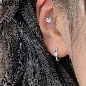 ANENJERY серьги-кольца с цирконием и сердцем для женщин, простые нежные аксессуары, подарок для девушки серебряный