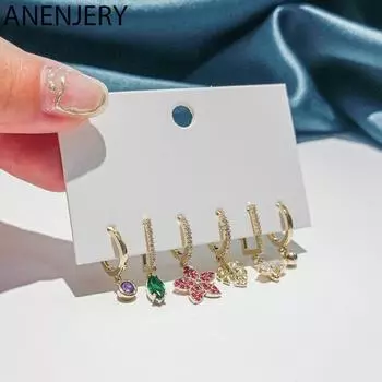 ANENJERY Серьги-кольца с цветным цирконом и листьями, цветами и насекомыми, женские роскошные золотые серьги, набор из 6 предметов золотистый