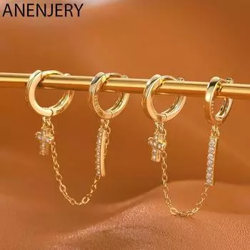 ANENJERY серьги-кольца с двойным пирсингом для женщин, классические серьги с перекладиной из циркона