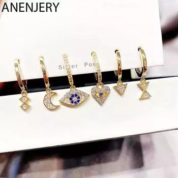ANENJERY Серьги-кольца с микроцирконом и геометрическим сердечком и глазами Луны для женщин, набор серег из 6 предметов в стиле панк