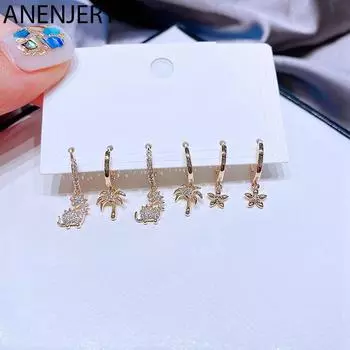 ANENJERY серьги-кольца с микроцирконом и кокосом и динозавром, цветок для женщин, изысканный милый комплект серег из 6 предметов