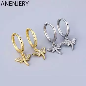 ANENJERY серьги-кольца с микроцирконом и стрекозой для женщин, креативные милые серьги с пряжкой для ушей, красивые ювелирные изделия серебряный