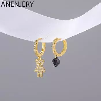 ANENJERY серьги-кольца с микроцирконом и медведем в виде сердца женские милые легкие роскошные асимметричные украшения ручной работы