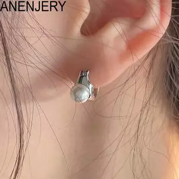 ANENJERY серьги-кольца с жемчугом неправильной геометрии для женщин, простые серебряные геометрические украшения в подарок серебряный