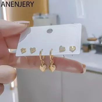 ANENJERY серьги Love Hear с цирконием для женщин, простой темперамент, набор из 6 серег, корейские ювелирные изделия