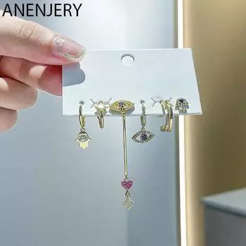 ANENJERY серьги-подвески с цирконами и глазами в форме сердца, женские креативные серьги из 6 предметов, комплект ювелирных изделий золотой