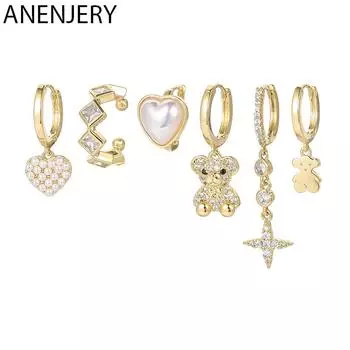 ANENJERY серьги с блестящим цирконом в виде медвежьего сердца, женские легкие роскошные милые серьги из 6 предметов, набор серебряный