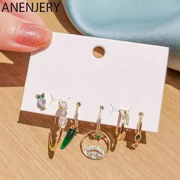 ANENJERY серьги с камнем и цирконием, женские роскошные креативные серьги из 6 предметов, набор золотой