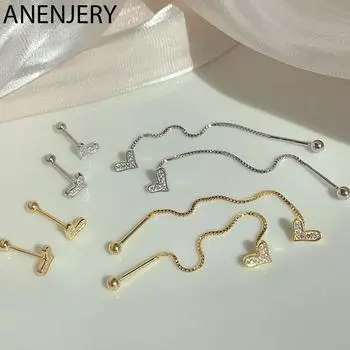 ANENJERY серьги с микроцирконом и сердечком на винте для женщин, изящные серьги на длинной цепочке