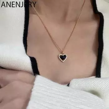 ANENJERY серебряное большое черное ожерелье с сердечком для женщин, классическая изящная цепочка на ключицу, подарок