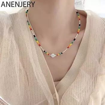 ANENJERY серебряное цветное улыбающееся лицо, красочное ожерелье из бисера, женское многоуровневое ожерелье на ключицу, ювелирные изделия