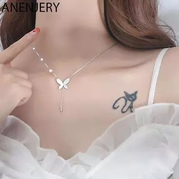 ANENJERY серебряное ожерелье с улыбающейся бабочкой, женское легкое роскошное ожерелье на ключицы, новое простое жемчужное ожерелье