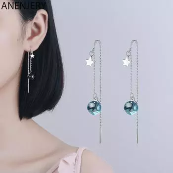 ANENJERY серебряные длинные серьги с голубой планетой для женщин и девочек, искусственный хрустальный шар, серьги с кисточками и звездами, S-E667