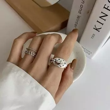 ANENJERY серебряные кольца с полой звездой и Луной, тайские серебряные кольца для женщин и мужчин, двухслойная цепочка с замком, открытые кольца на палец resizable серебряный