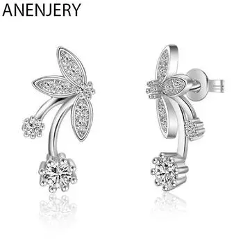 ANENJERY серебряные серьги-гвоздики с бабочками, цветами и листьями, серьги с цирконием для женщин, ювелирные изделия, подарки, pendientes oorbellen S-E346 розового золота