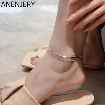 ANENJERY серебряный цвет, блестящий двухслойный ножной браслет для женщин, простой браслет, нишевый дизайн, ювелирные изделия