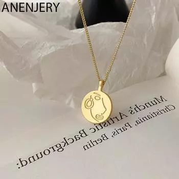 ANENJERY серебряный цвет медь абстрактное лицо круглый кулон ожерелье для женщин свитер цепочка ювелирные изделия