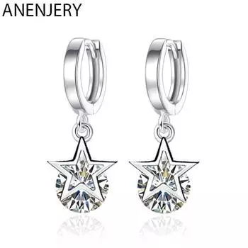 ANENJERY серебряный цвет, модные простые серьги-кольца с кубическим цирконом и звездой, серьги-кольца для женщин, подарок лучшему другу, ювелирные изделия, оптовая продажа, S-E281 серебряный