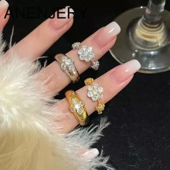 ANENJERY Silvery Golden Four Leaf Flower Zircon Open Ring For Women Luxury Party Vintage Jewelry Wholesale белый
