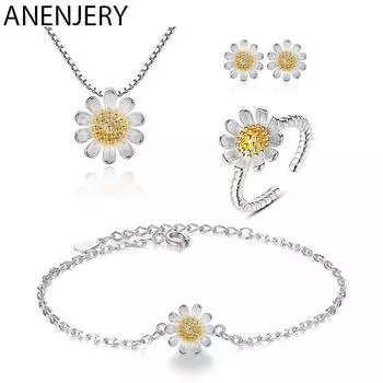 ANENJERY сладкий цветок подсолнечника ожерелье + серьги + браслет + кольцо комплекты ювелирных изделий для женщин подарок золотой