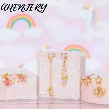 ANENJERY смешанные стили, милые серьги-гвоздики с розовым медведем для женщин, серьги-гвоздики с сердцем, луной и звездой, ювелирные изделия, подарки S-E1958