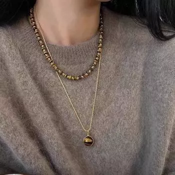 Anenjery Tiger Eye Stone Geometric Pendant Necklace Fashionable High end Retro Simple Sweater Chain Jewelry Gift белый