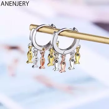 ANENJERY, трехцветные серьги-кольца с животными, маленькие рыбки, уникальный дизайн, ювелирные изделия для женщин, модные вечерние подарки, оптовая продажа 1 pair серебряный