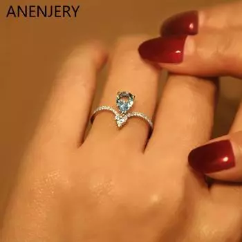 ANENJERY V-образные циркониевые открытые кольца для женщин простой дизайн кольцо с каплей воды вечерние свадебные украшения