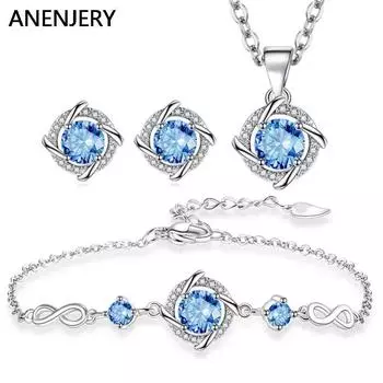 ANENJERY Вертушка с кружащимся синим цирконием, ожерелье, серьги, браслет, комплект ювелирных изделий для женщин, ювелирные изделия для помолвки, подарок Resizable