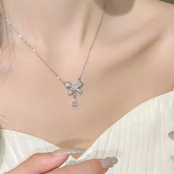 Anenjery Water Drop Full Zircon Bowknot Necklace For Women New Exquisite Versatile Clavicle Chain белый
