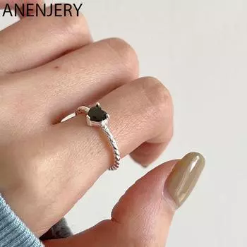 ANENJERY витые открытые кольца с черным цирконом для женщин, новые модные регулируемые кольца, ювелирные изделия, оптовая продажа Resizable