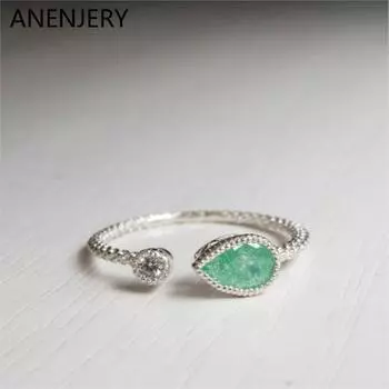 ANENJERY зеленое циркониевое кольцо с каплей воды для женщин, простой креативный дизайн, регулируемое кольцо, ювелирные изделия