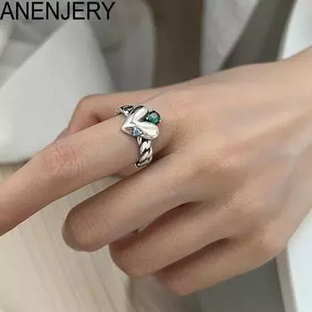 ANENJERY зеленые циркониевые кольца на указательный палец с сердечком для женщин, винтажные тайские серебряные цветные легкие роскошные открытые кольца anillos, оптовая продажа Resizable