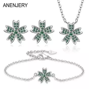 ANENJERY Зеленый Циркон Цветок Лист Ожерелье Браслет Серьги Комплект Ювелирных Изделий для Женщин Элегантный Юбилейный Ювелирный Подарок Resizable серебряный