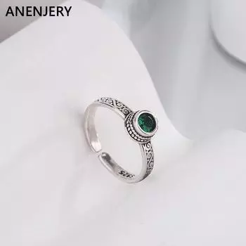 ANENJERY Зеленый циркон Открытое кольцо для женщин ретро простой тайский серебряный цвет узор ювелирные изделия для рук подарок на вечеринку anillos mujer bague