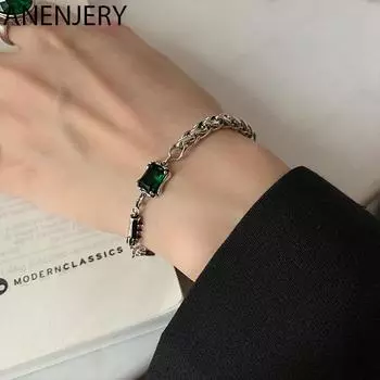 ANENJERY Зеленый квадратный циркон Толстый браслет Thain Женский винтажный браслет ручной работы из тайского серебра серебряный