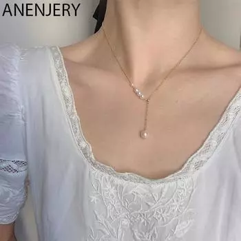 ANENJERY жемчужное ожерелье для женщин, простое темпераментное регулируемое ожерелье с кисточками, ювелирные изделия на ключице серебряный