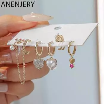 ANENJERY жемчужные трехмерные серьги-клипсы в форме сердца и короны, женские массивные серьги из 6 предметов золотой