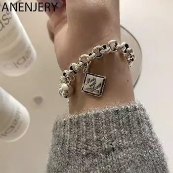 ANENJERY женские модные украшения английский квадратный браслет с подвесками для женщин мяч хип-хоп тайский серебряный браслет S-B521