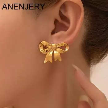 ANENJERY Женские серьги-гвоздики из нержавеющей стали 316L с бантом в форме сердца и геометрией в виде круглого цветка, изысканные, сладкие