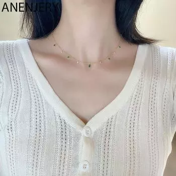 ANENJERY женское модное ювелирное изделие, ожерелье с зеленым цирконом для женщин, изысканное золотое, серебряное ожерелье с цепочкой на ключицу, подарки S-N742