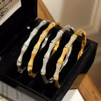 ANENJERY Золотой геометрический матовый циркон бамбуковый открывающийся браслет для женщин уникальный роскошный высококачественный изысканный универсальный браслет ювелирный подарок золотой