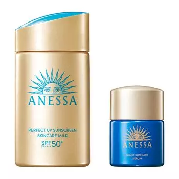 Anessa Perfect UV Skin Care Milk NA Night Suncare Serum Small Set 60ml Sunscreen for Makeup Base Waterproof 2024 SPF50+ PA++++ Face/Tel