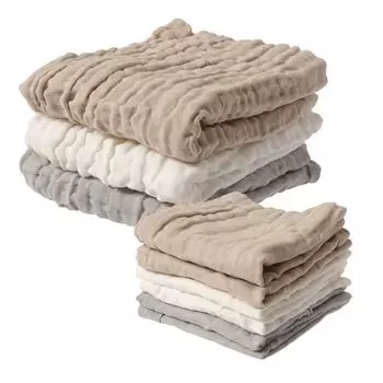 Ange Smile Ibul Cotton Bath Gauze Towel Set including hand and mouth Large and Small 100% (9 pieces, handkerchiefs, towels, wipes) -