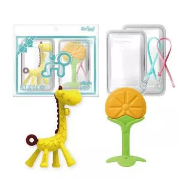Ange teether 2-piece set, nipple, giraffe, orange, random delivery (silicon clip), 1 set, Korean baby products