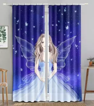 Ангел Девушки Девочки Мультфильм Дети Плотные Шторы Окна Для Гостиной Спальни Ванной Кухни Дверь Шкафа Декор Крючки W50 X H130(CM)X2&Hook