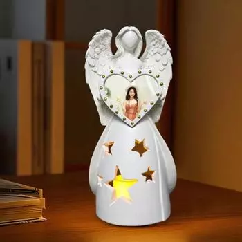 Angel Photo Frame Tabletop Angel Figurine Photo Holder Angel Candle Holder with Electronic Candle Memorial Gift for Mother Father белый