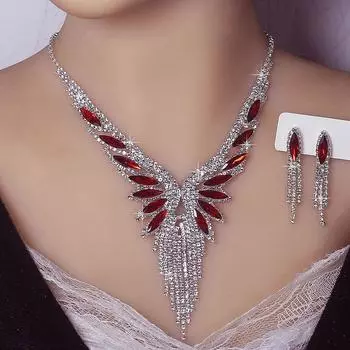 Angel Wings European and American Style Necklace Suit Eardrops Jewelry Suit Banquet Dress Set Chain Fashion All-Match Glitter Ornament Red necklace + earrings Two-piece set X18