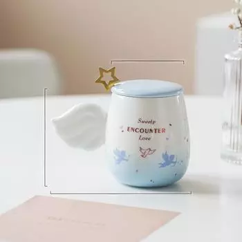 Angel Wings Romantic Cupid Couple Couple Gentle Cup Gradient with Ceramic Cartoon Cup with Lid Spoon Men and Women Flower Tea Water Cup 300ml