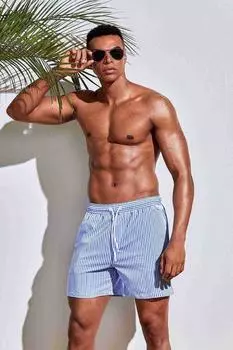 Angelsin Мужской базовый купальник стандартного размера в тонкую полоску с принтом и шортами для плавания с карманами, синий